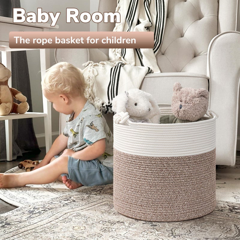 Goodpick Woven Laundry Basket, 15 x 14.2 Inches Cotton Rope Basket for Blankets, Soft Blanket Storage Baskets with Handles for Living Room, Woven Toy Storage Organizer for Nursery, Brown - Image 2